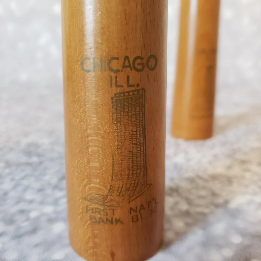 Vintage Chicago Mid Century Atomic Wood Salt & Pepper Shaker First Bank Hancock